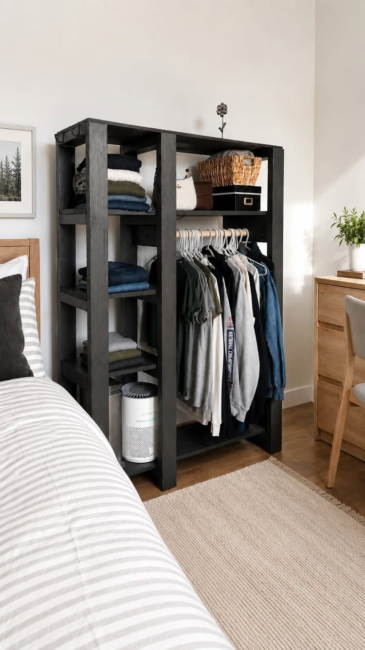 Dark grey freestanding wardrobe with open shelves and hanging clothes in a bedroom.