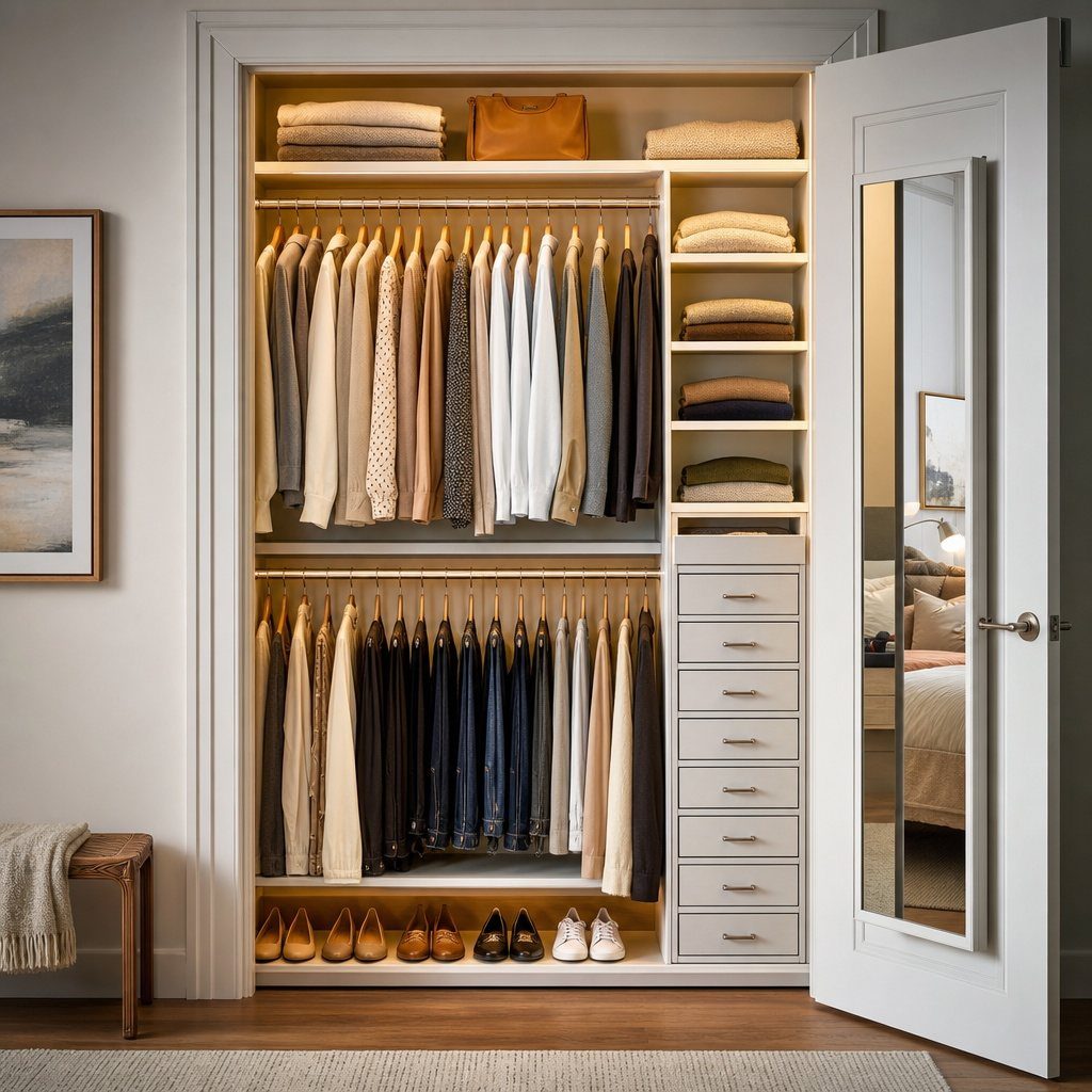 Organized closet with double hanging rods, vertical shelving, and built-in drawers.