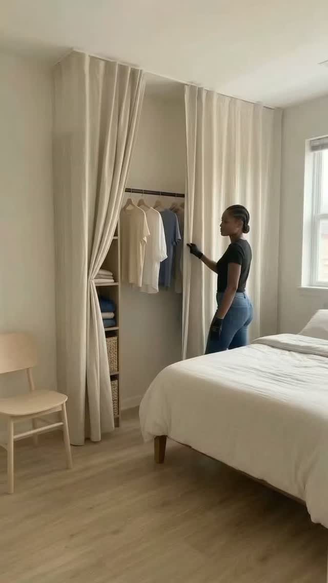 Woman opening beige curtains to reveal a small walk-in closet in a bedroom