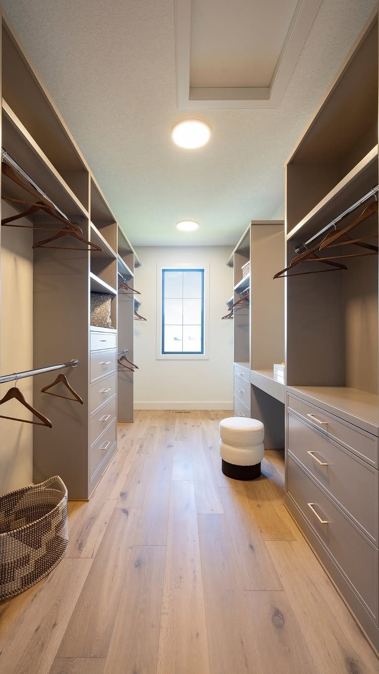 Walk-in closet with grey built-in storage and a window providing natural light.