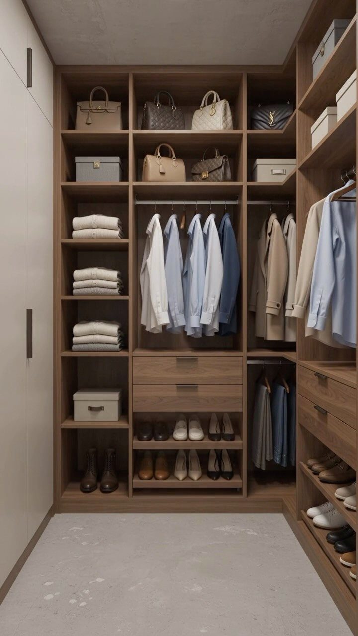 Organized walk-in closet with blue and white shirts sorted by color on rods.
