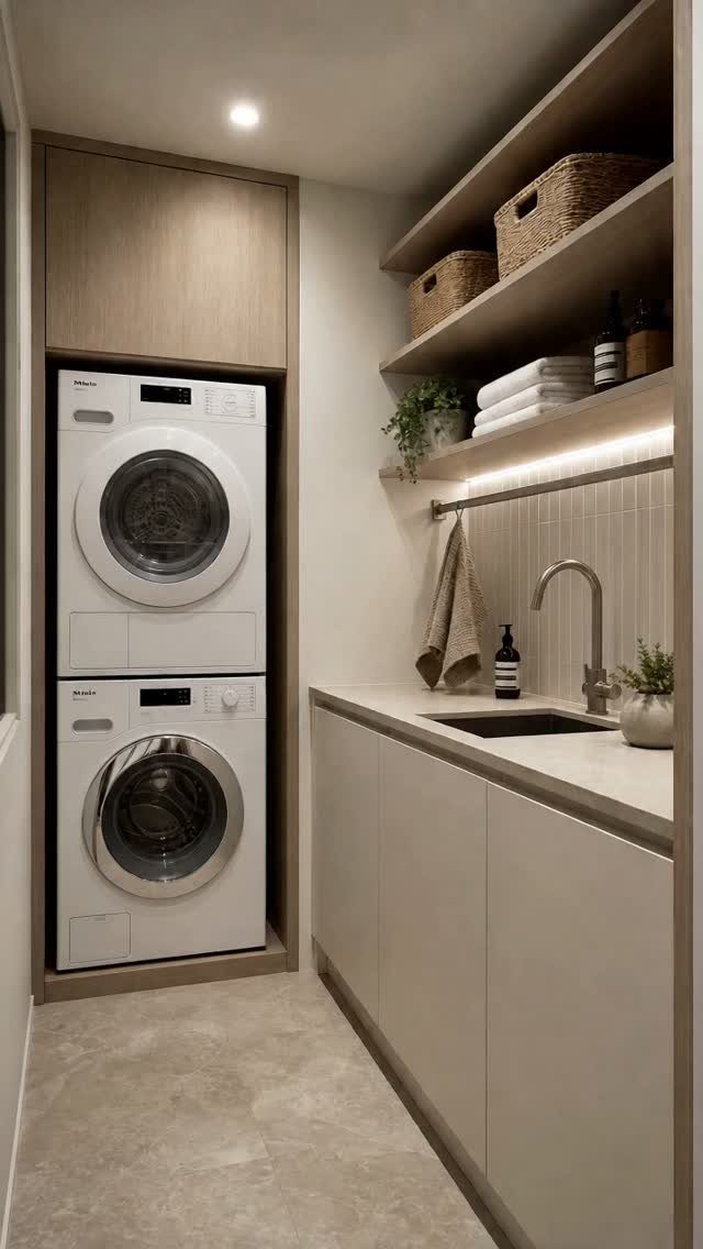 Stacked washer and dryer next to a sink and wooden open shelving.