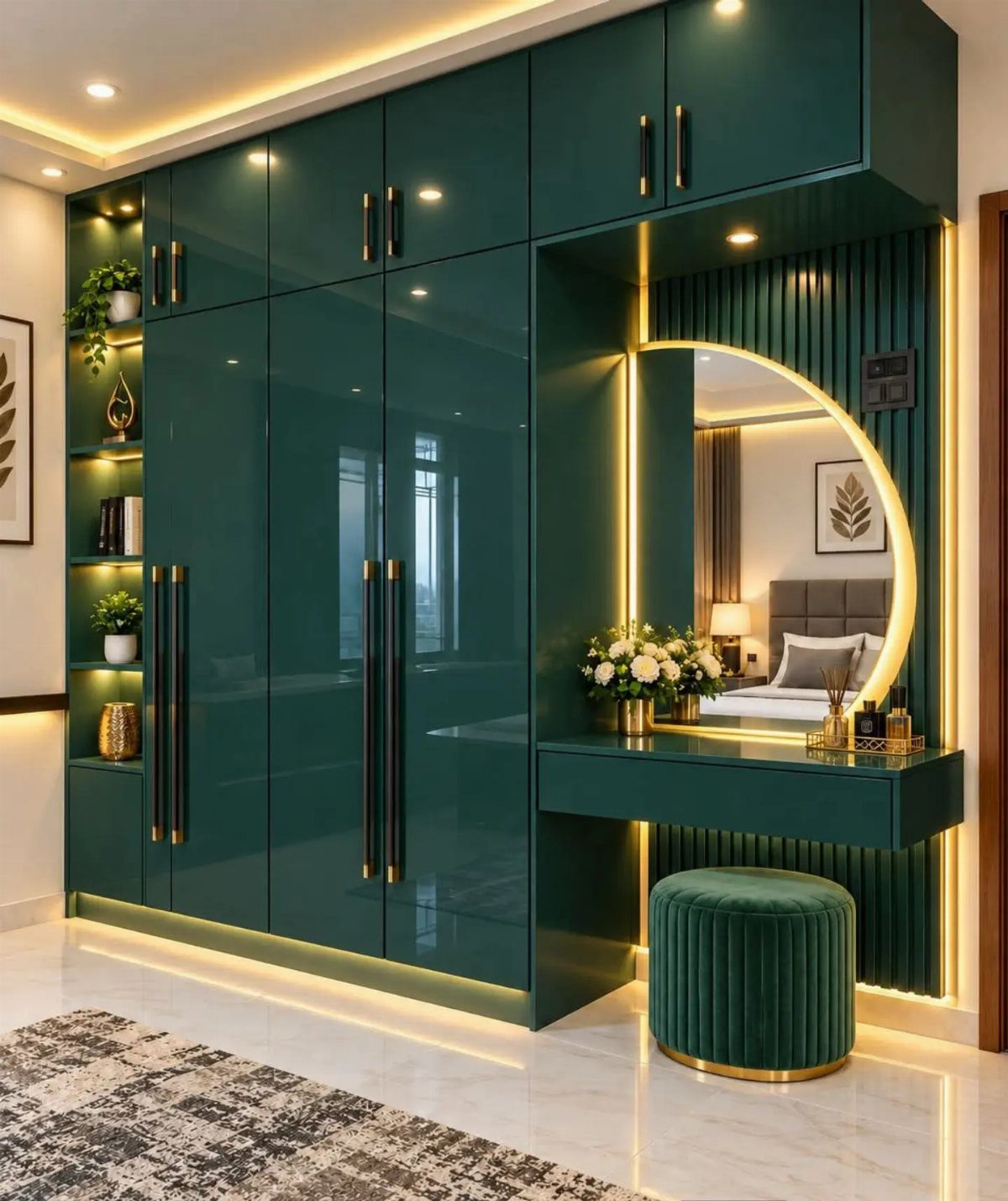 Dark green built-in wardrobe with a backlit vanity mirror and velvet ottoman stool.