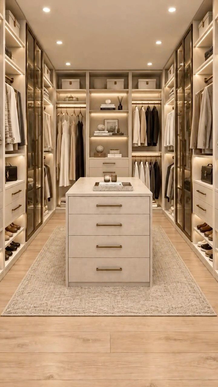 Luxurious walk-in closet with integrated shelf lighting, ceiling spotlights, and a central island.