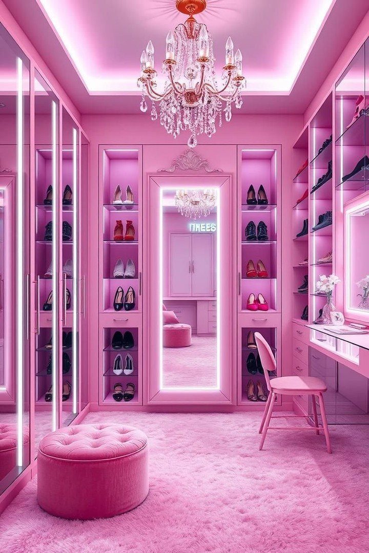 Large pink walk-in closet with illuminated shoe shelves, crystal chandelier, and vanity.