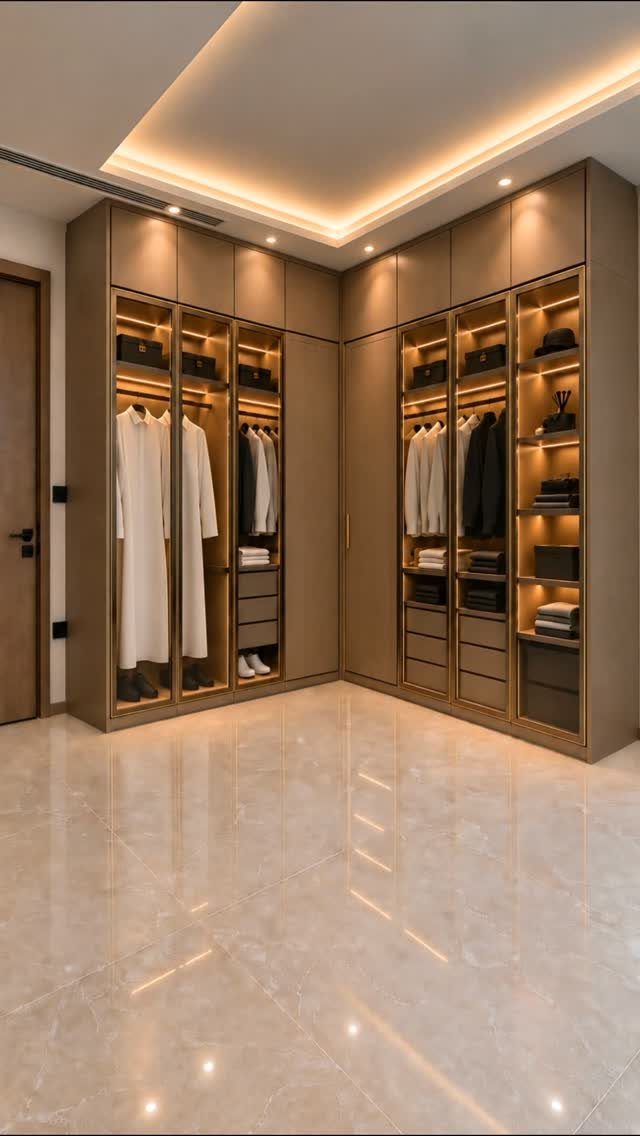 Gold-toned walk-in closet with double-sided storage, integrated lighting, and polished marble floors.