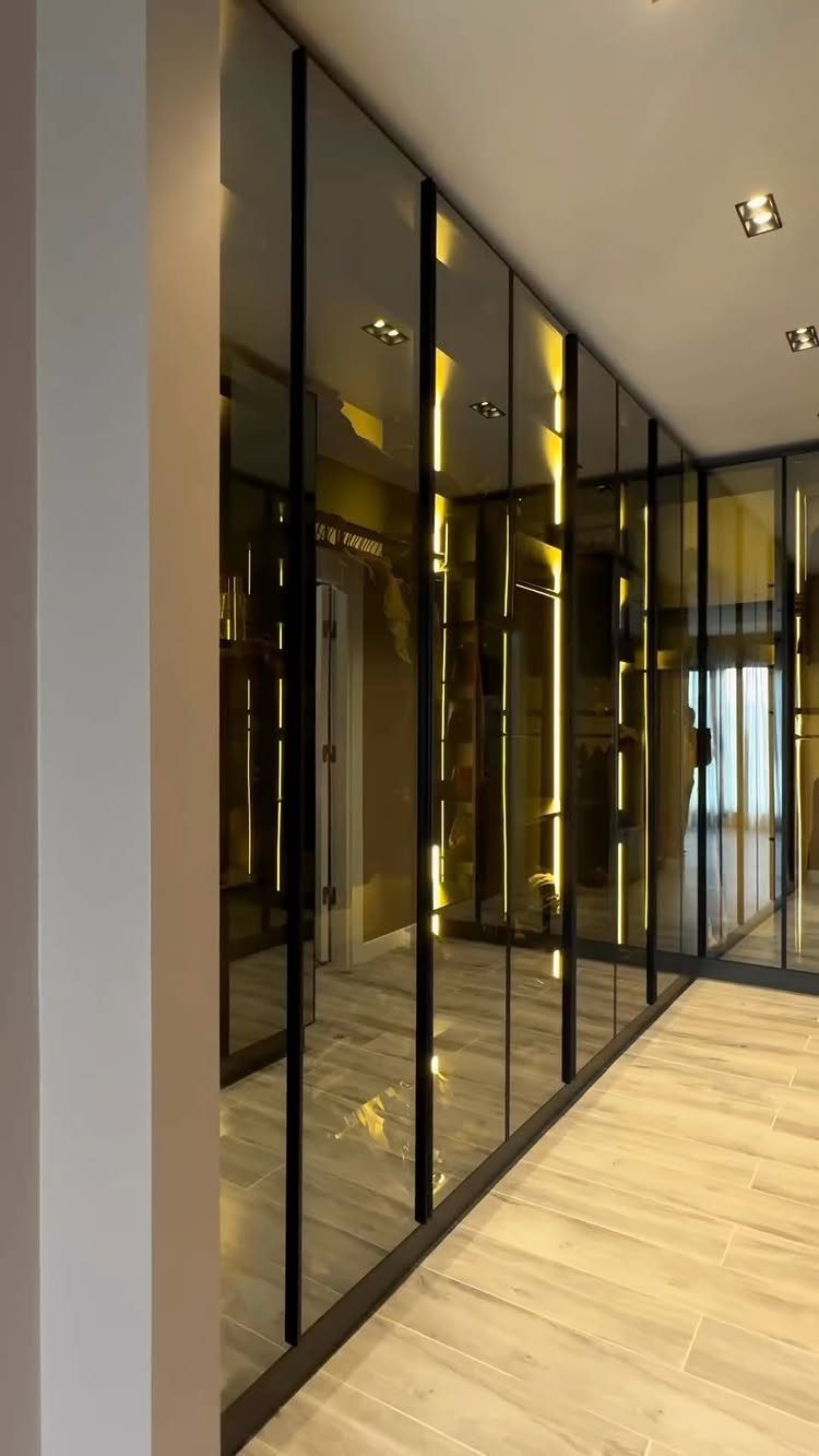 Modern walk-in closet with glass doors, black frames, and vertical LED lighting strips.