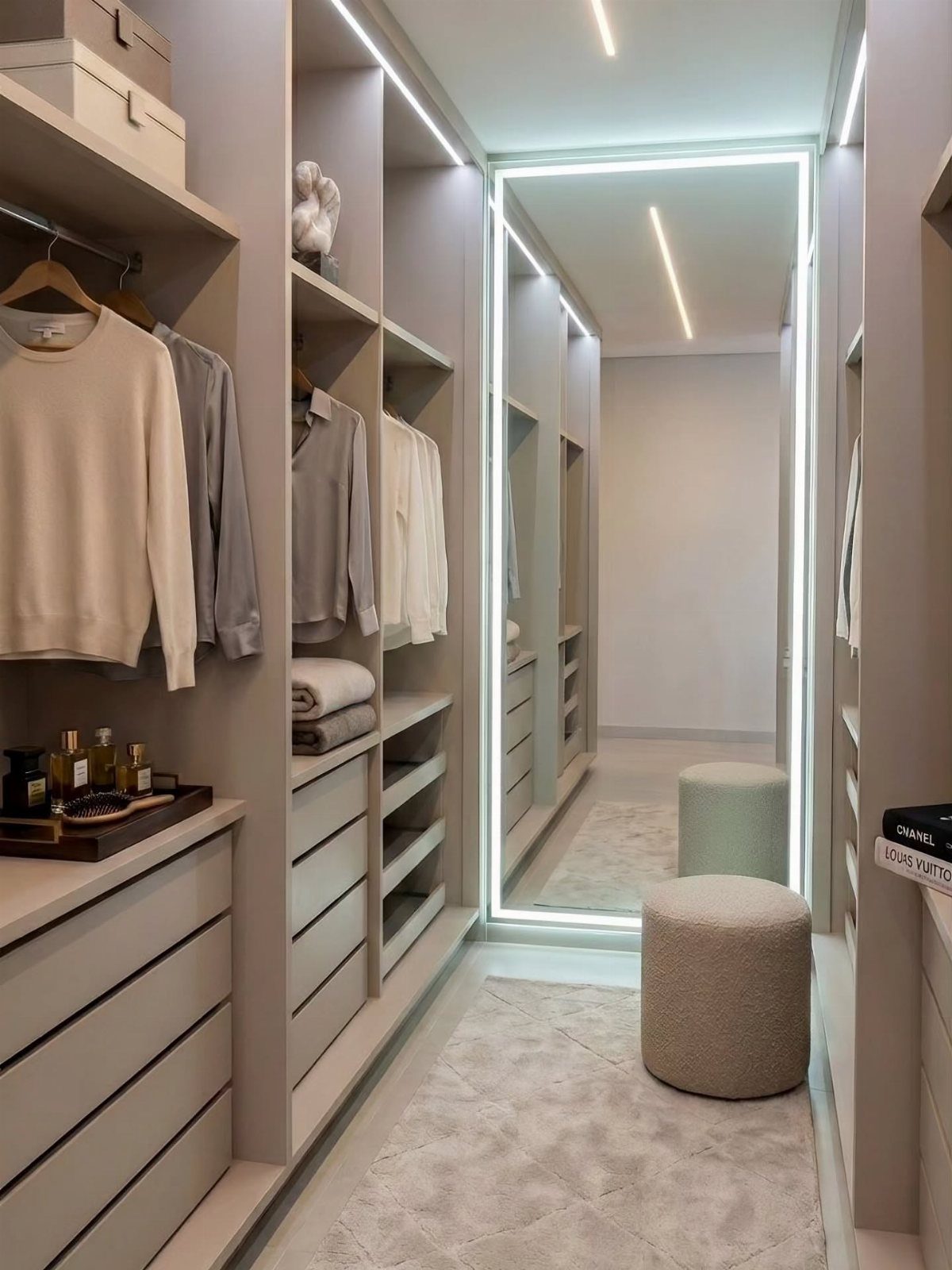 Illuminated full-length mirror in a modern white walk-in closet with beige ottomans.