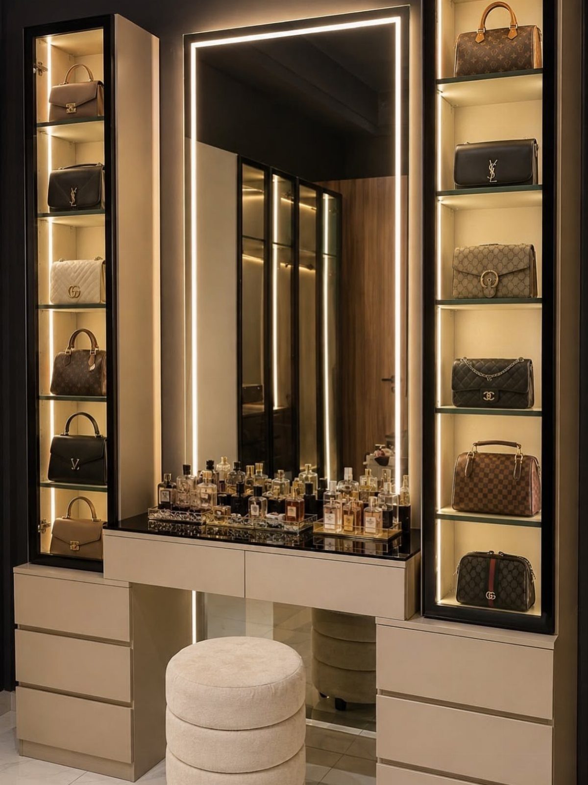 Luxury dressing vanity with illuminated mirror, handbag display cabinets, and round ottomans.