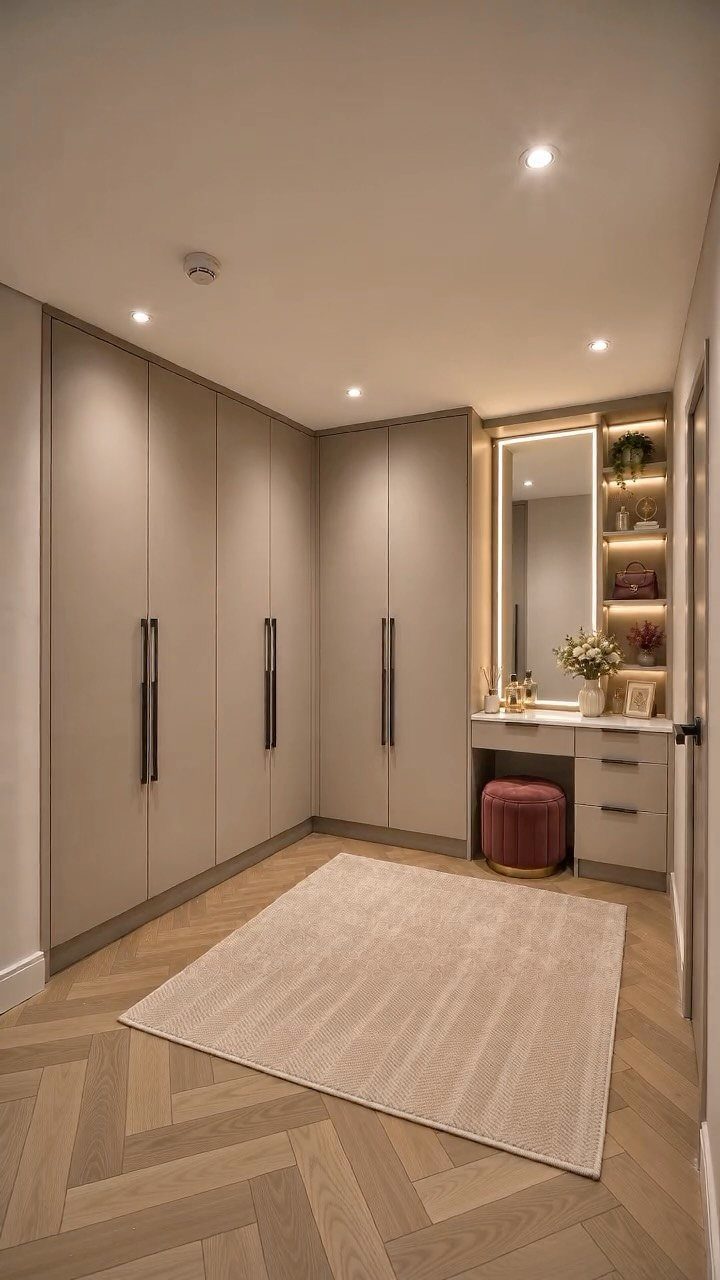 Beige walk-in closet with floor-to-ceiling cabinets, a vanity, and herringbone wood flooring.