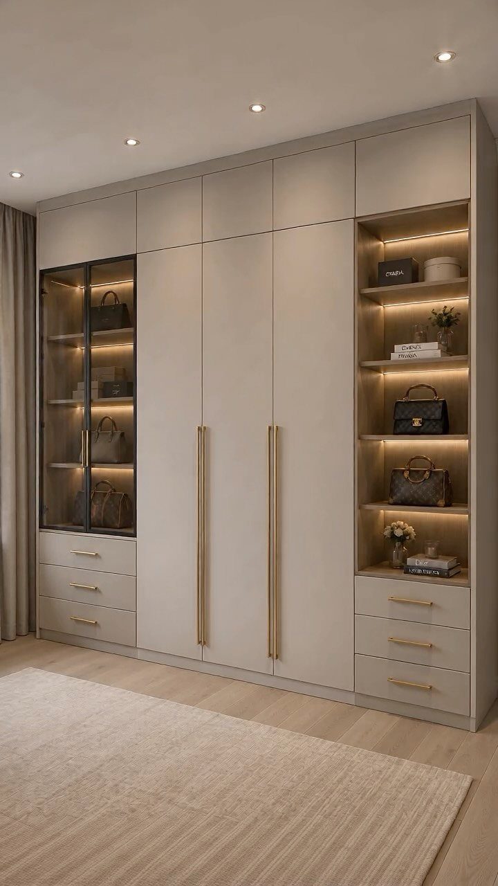 Beige built-in wardrobe with glass display and open shelving for handbags and accessories.