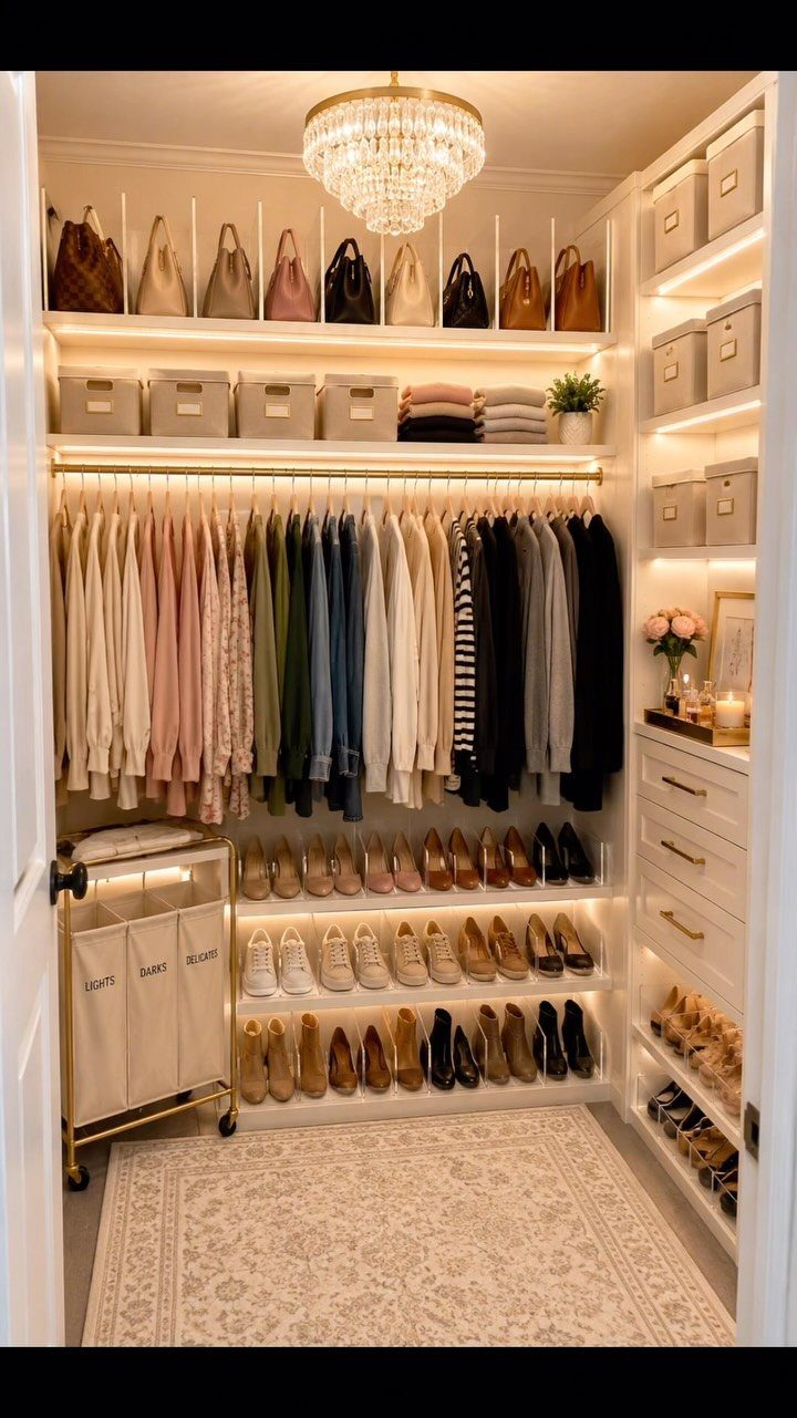 Organized walk-in closet with white shelving, hanging clothes, and tiered shoe storage.