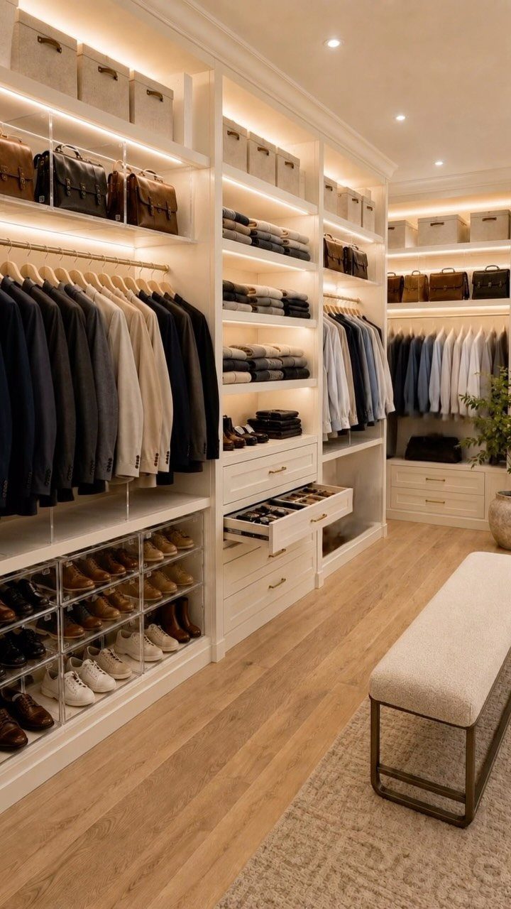Luxurious walk-in closet with white shelving, organized clothing, and a beige upholstered bench.