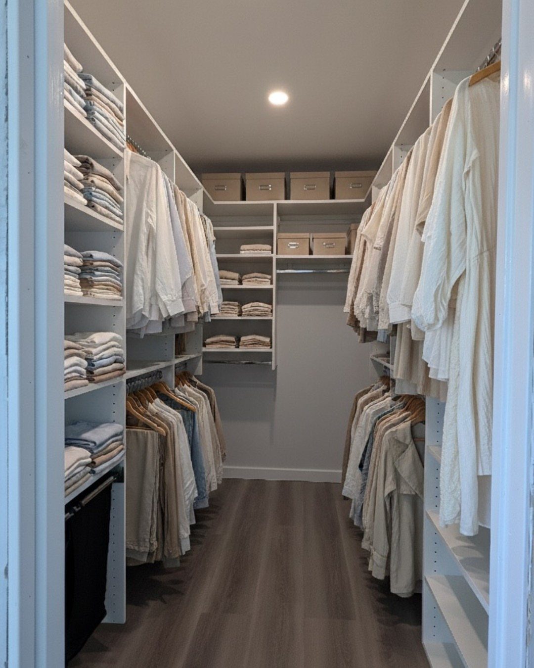 White walk-in closet with organized clothing racks, shelves, and neutral-toned garments.