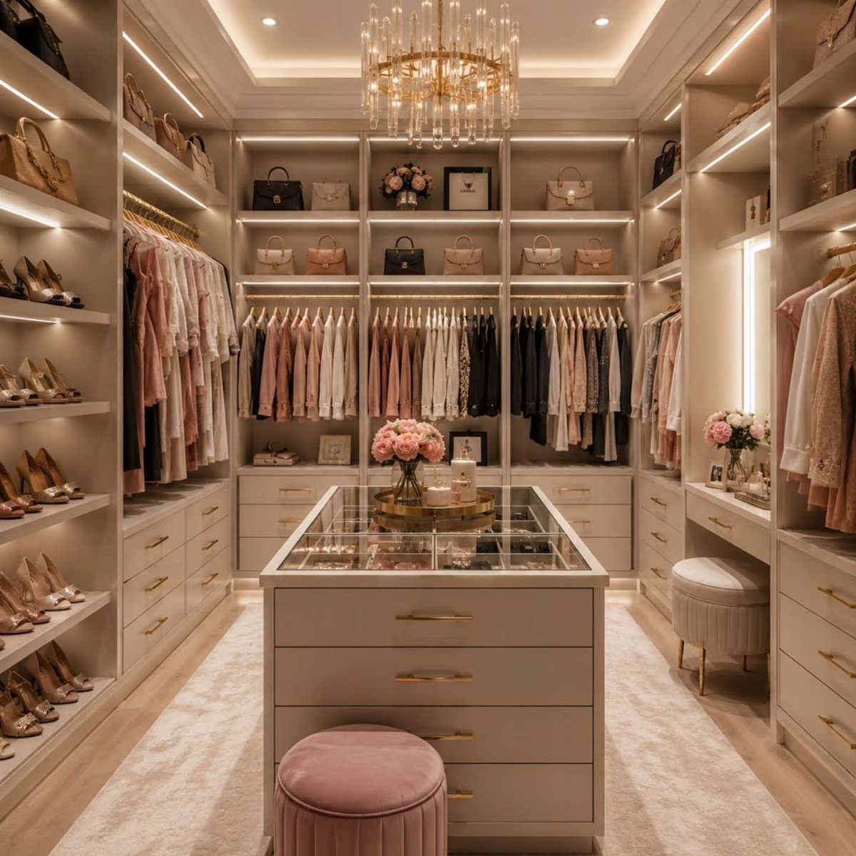Glamorous walk-in closet with a central island, crystal chandelier, and organized luxury clothing.