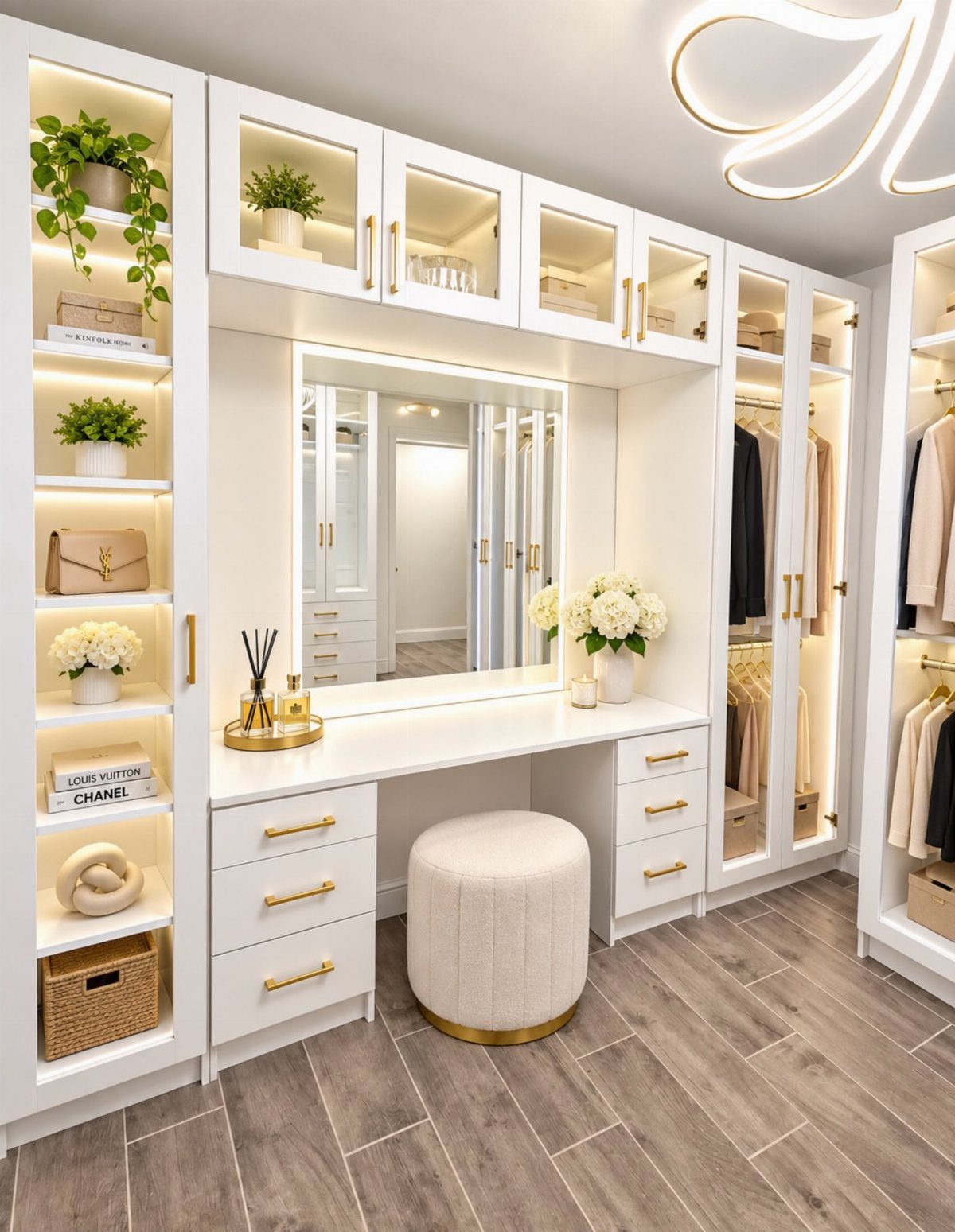 White built-in vanity area with a large mirror and cream round ottoman in closet