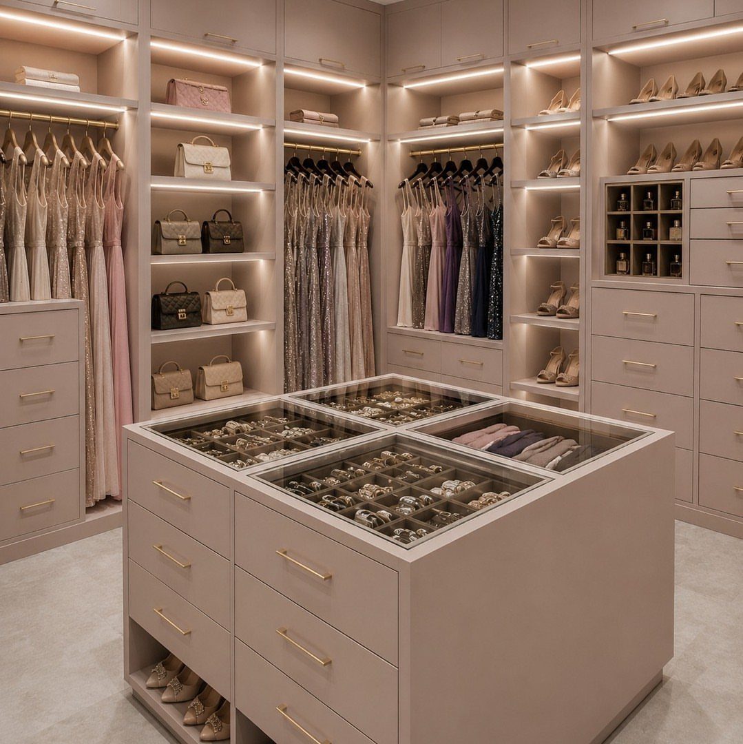 Luxurious beige walk-in closet with matching storage units and a central jewelry island.