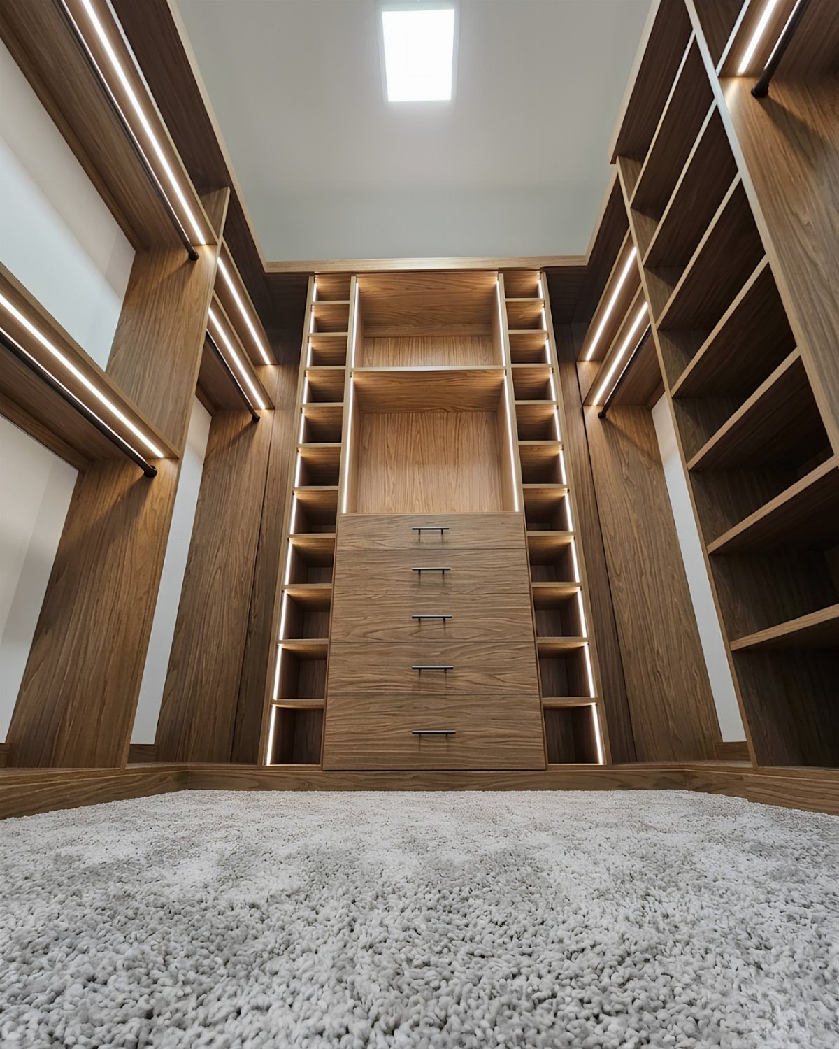 Dark wood walk-in closet with integrated LED lighting and grey plush carpeting.