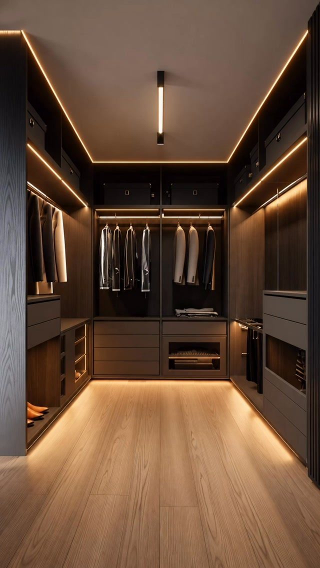 Modern walk-in closet with dark wood cabinets, LED lighting, and U-shaped layout.