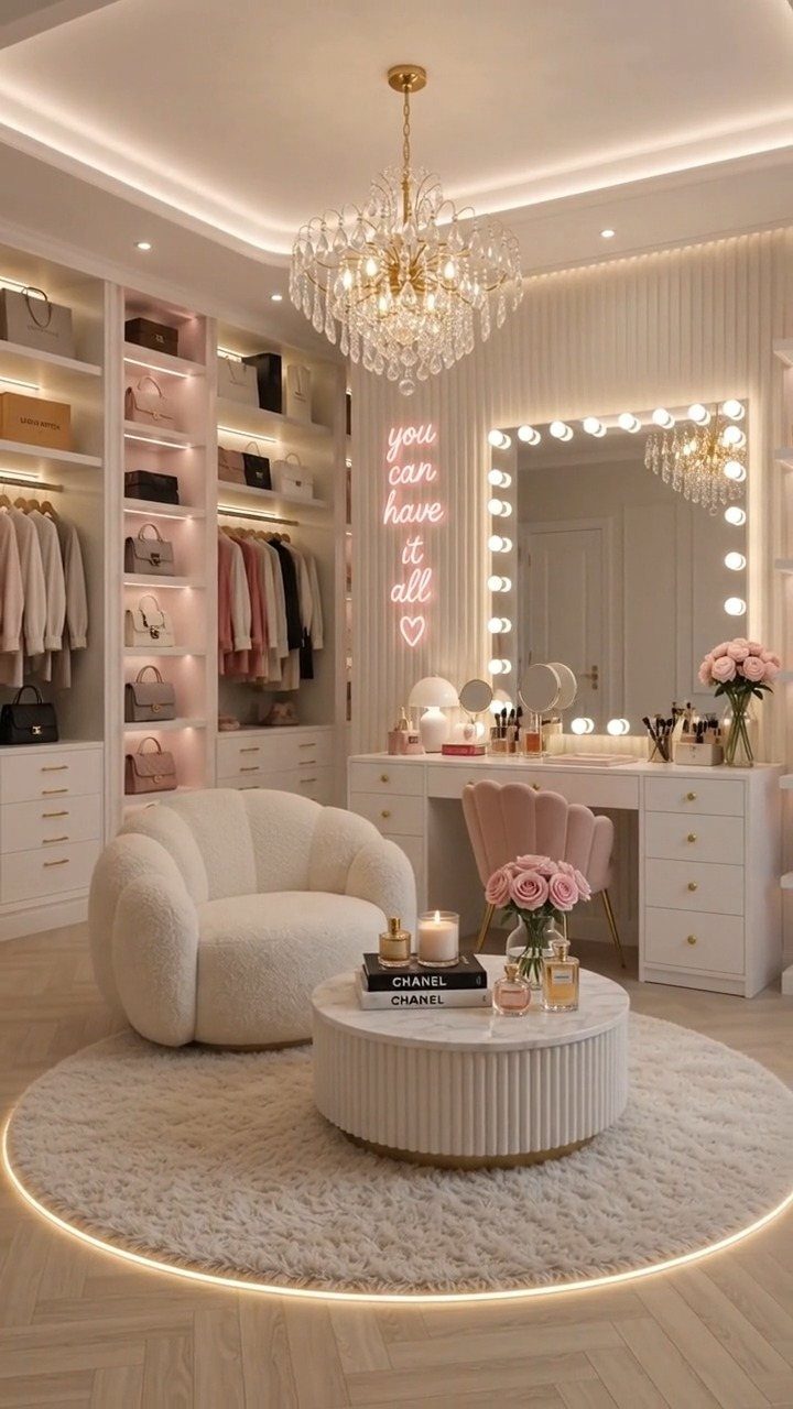 Crystal chandelier hanging in a luxurious white walk-in closet with a vanity area.