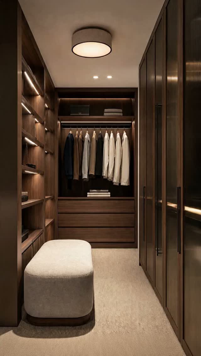 Modern walk-in closet with a circular overhead light and integrated shelf lighting.