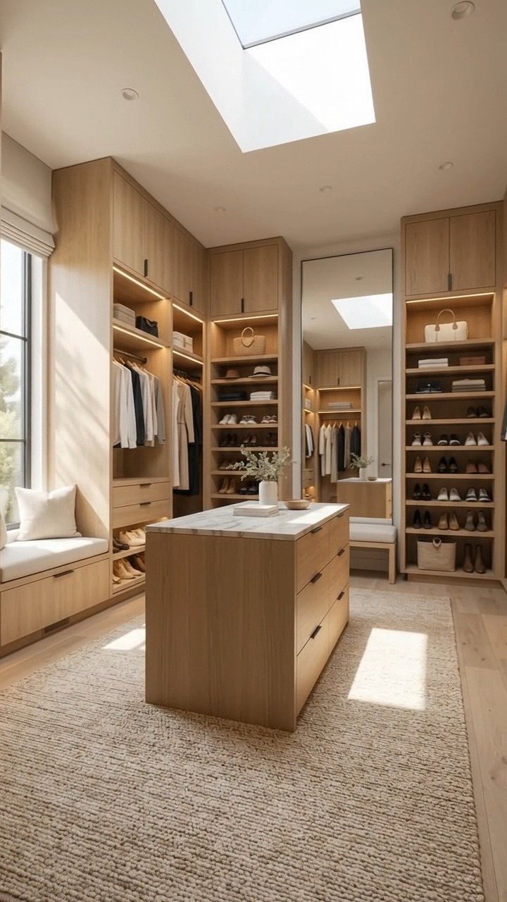 Modern walk-in closet with light wood cabinets and a bright ceiling skylight.