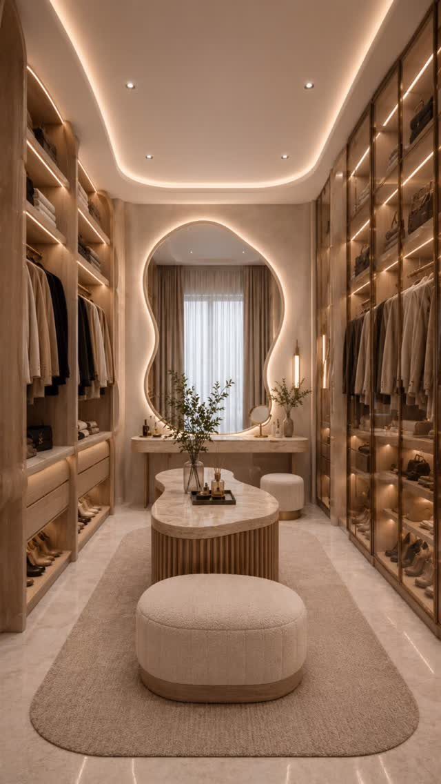 Backlit vanity mirror and integrated wardrobe lighting in a modern luxury walk-in closet.