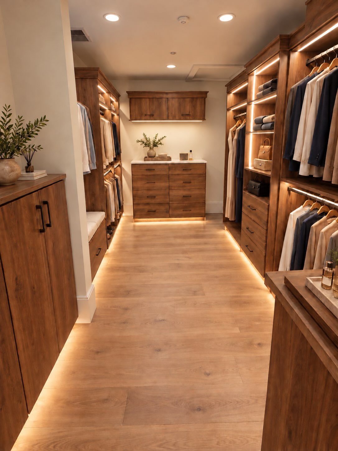 Walk-in closet with warm wood cabinetry and glowing LED accent lighting along the floor.