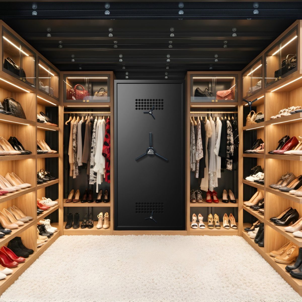 Luxurious walk-in closet with light wood shelving and a large black security safe door.