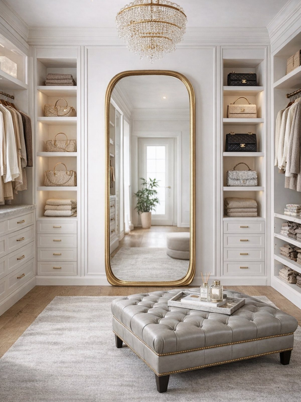 Gold-framed arched full-length mirror centered in a white luxury walk-in closet.