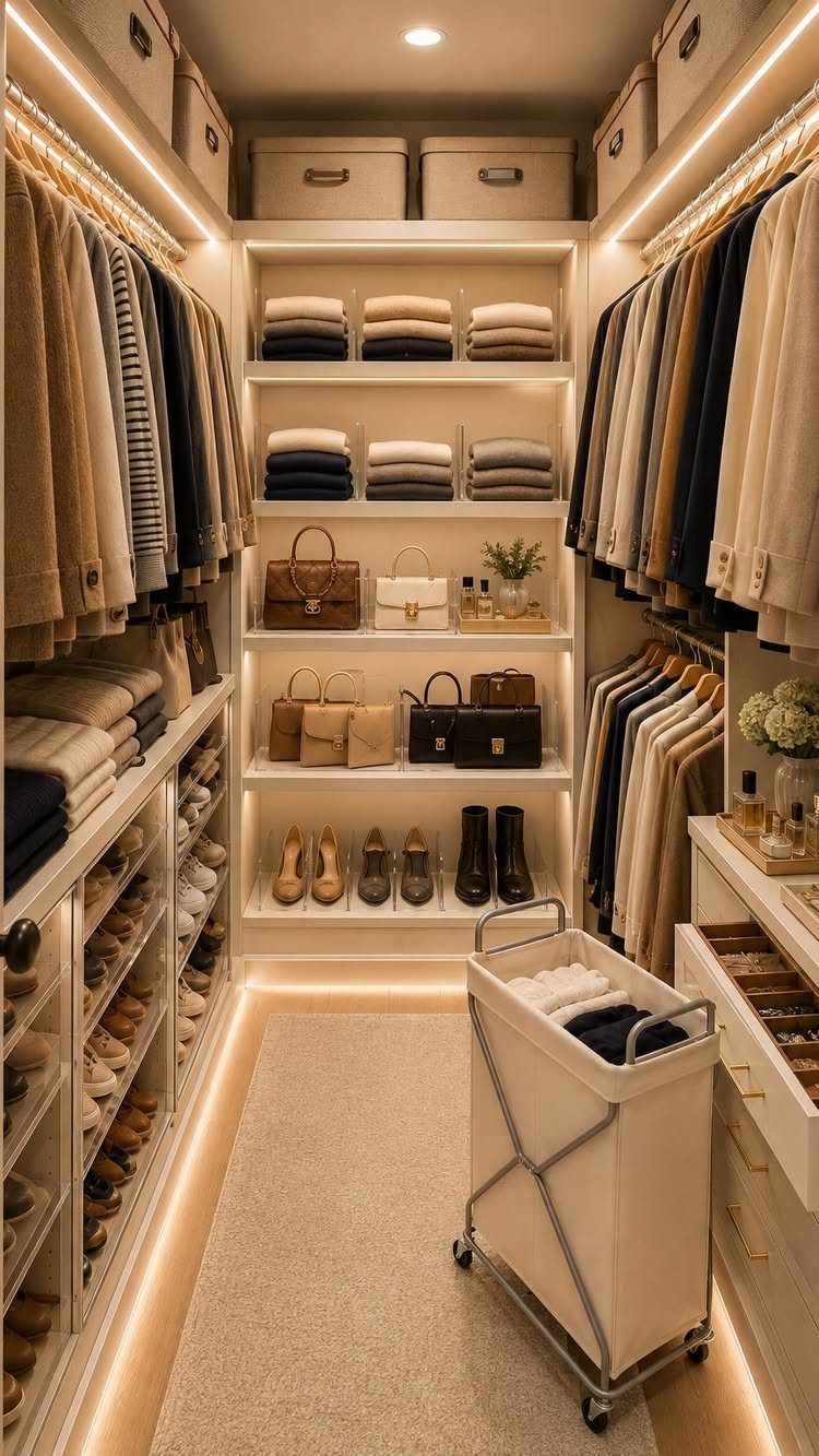 Walk-in closet with double-sided hanging rods, central shelving, and a white laundry hamper.