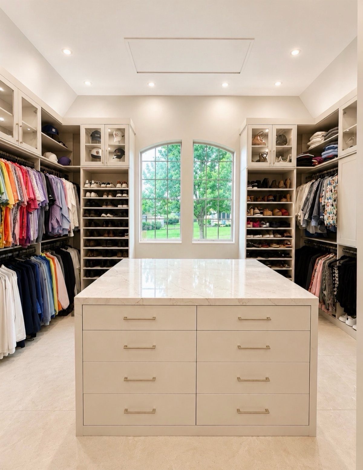 Walk-in closet with white built-in storage, clothing racks, and a central marble island.