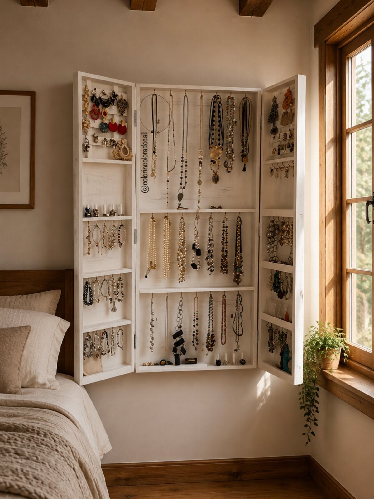 White wall-mounted jewelry cabinet open to reveal organized necklaces and earrings in bedroom