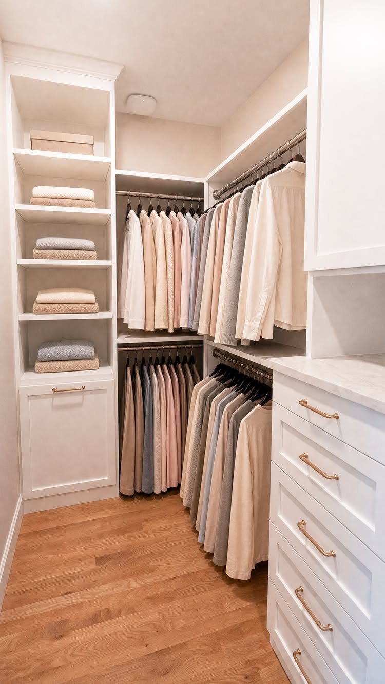 White walk-in closet featuring double hanging rods with neutral colored clothing and shelving.