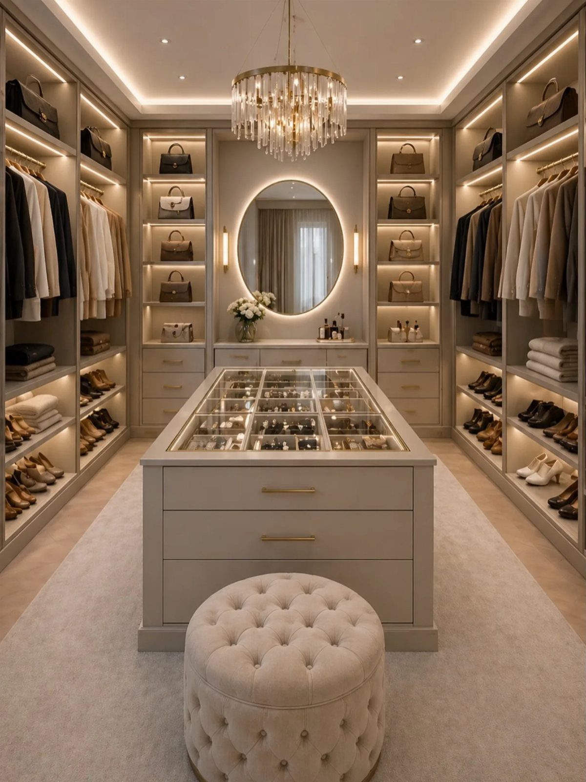 Luxurious walk-in closet featuring a central island, round mirror, and tufted ottoman.