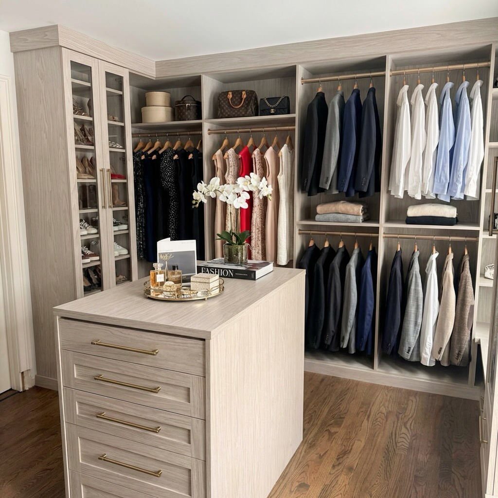 Walk-in closet with light wood cabinetry and a central storage island with drawers.