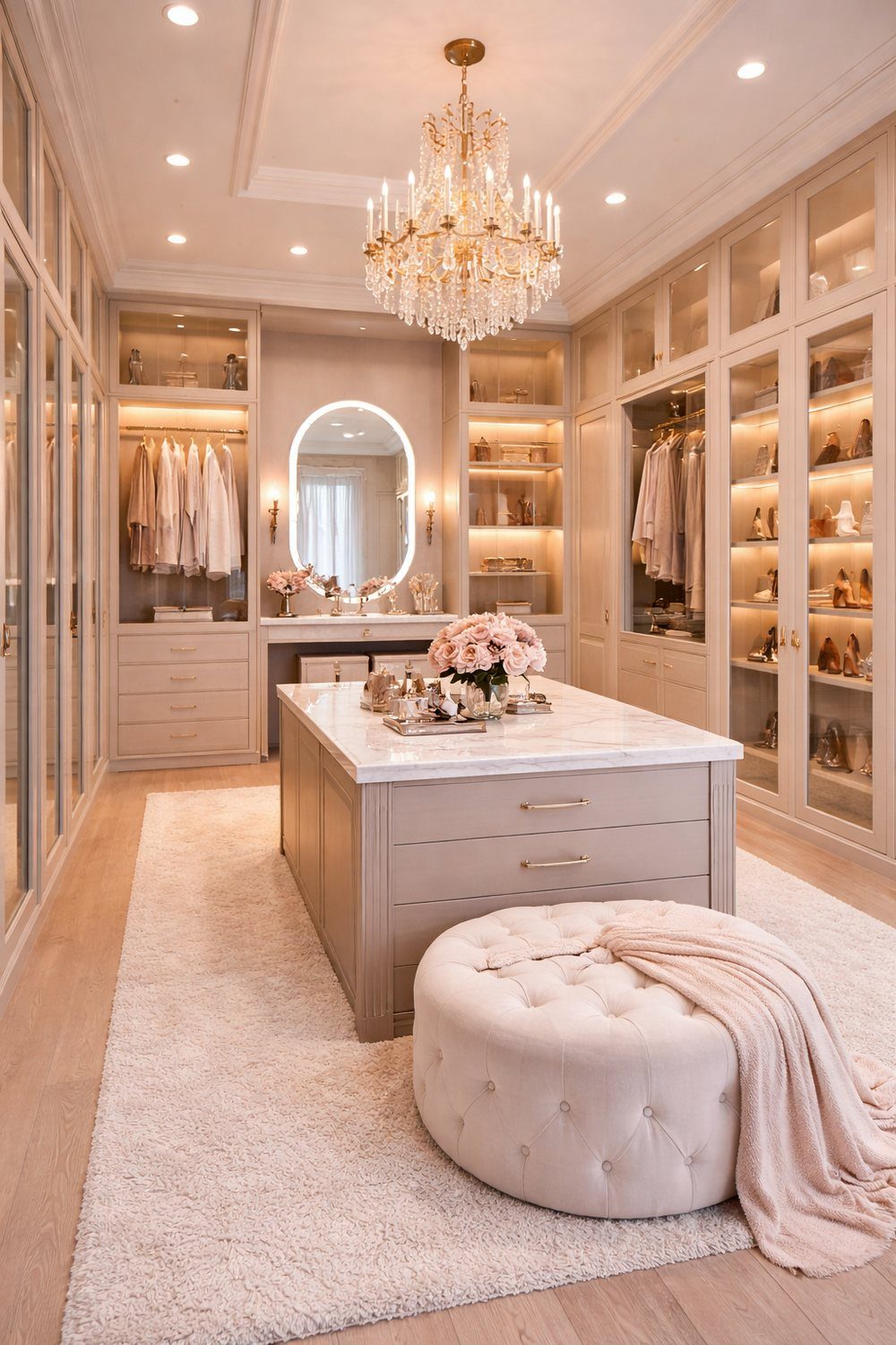 Luxurious walk-in closet with a cohesive beige color palette and elegant furnishings.
