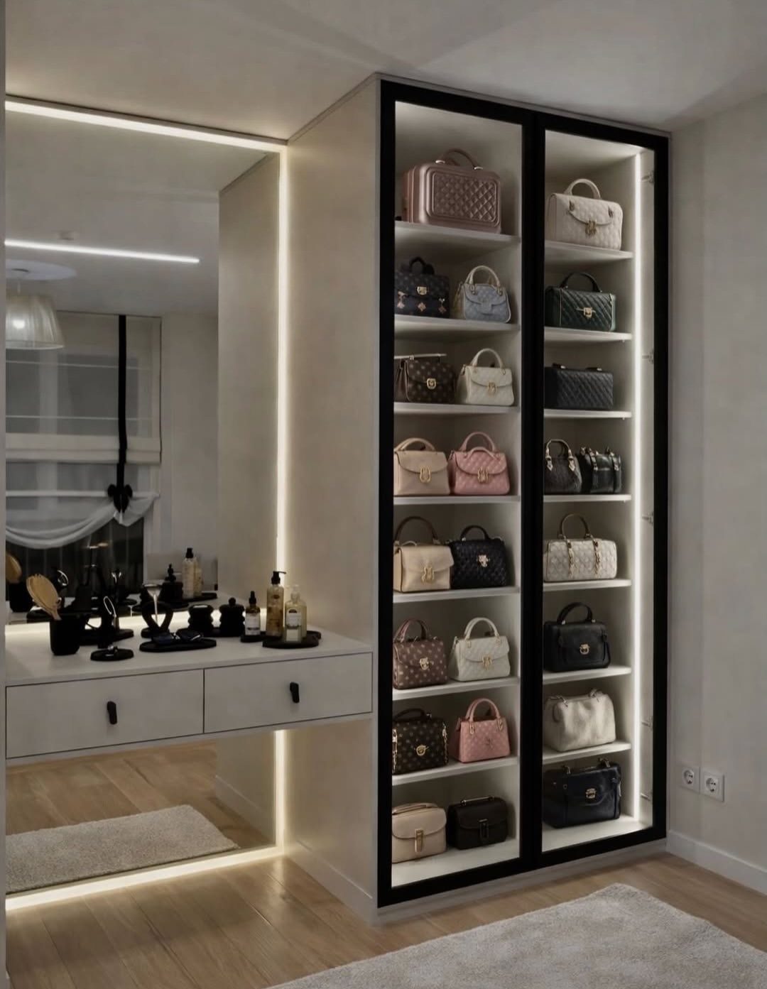 Built-in white vanity desk with backlit mirror next to a handbag display cabinet.