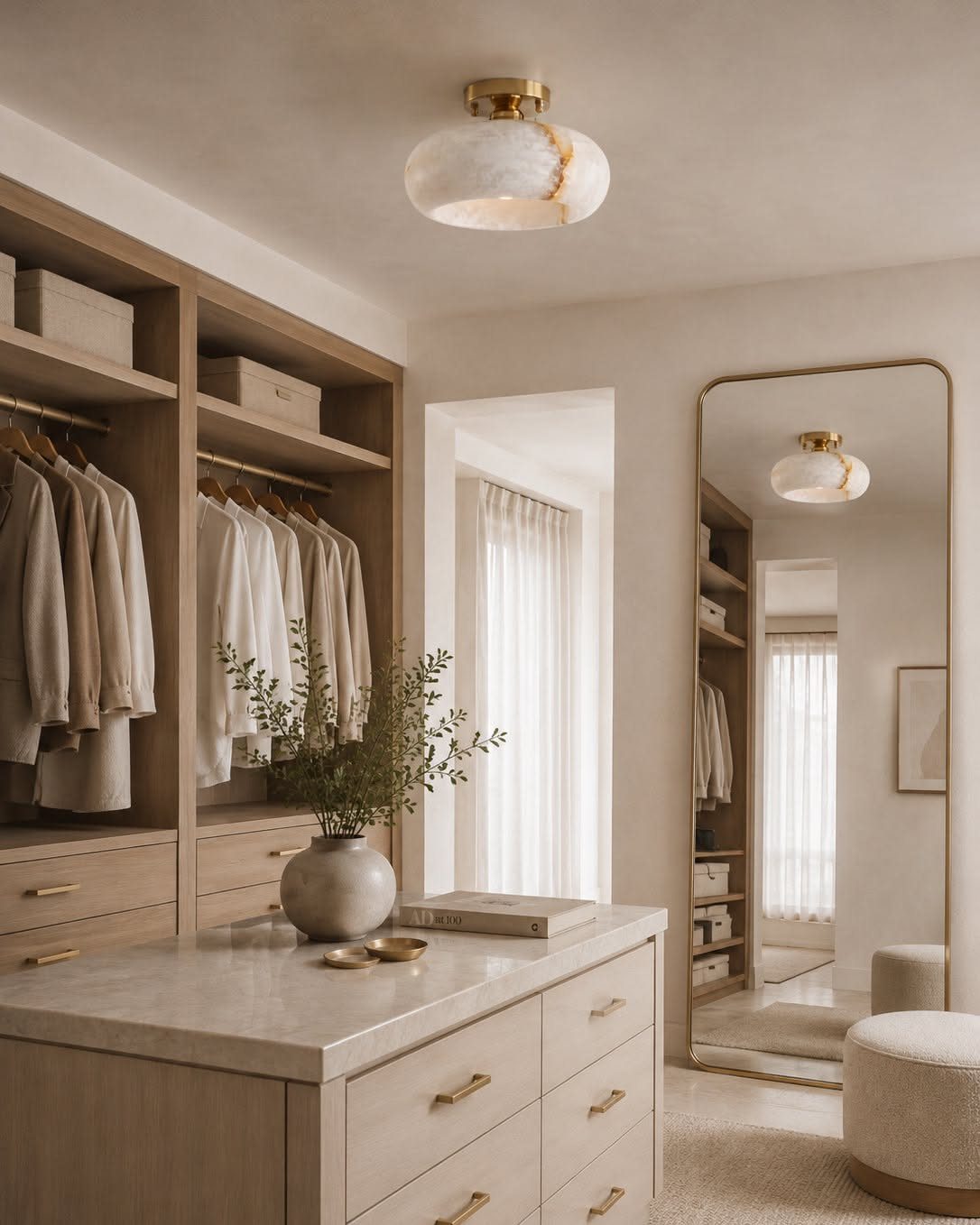 White marble countertop on a wooden island in a bright walk-in closet.
