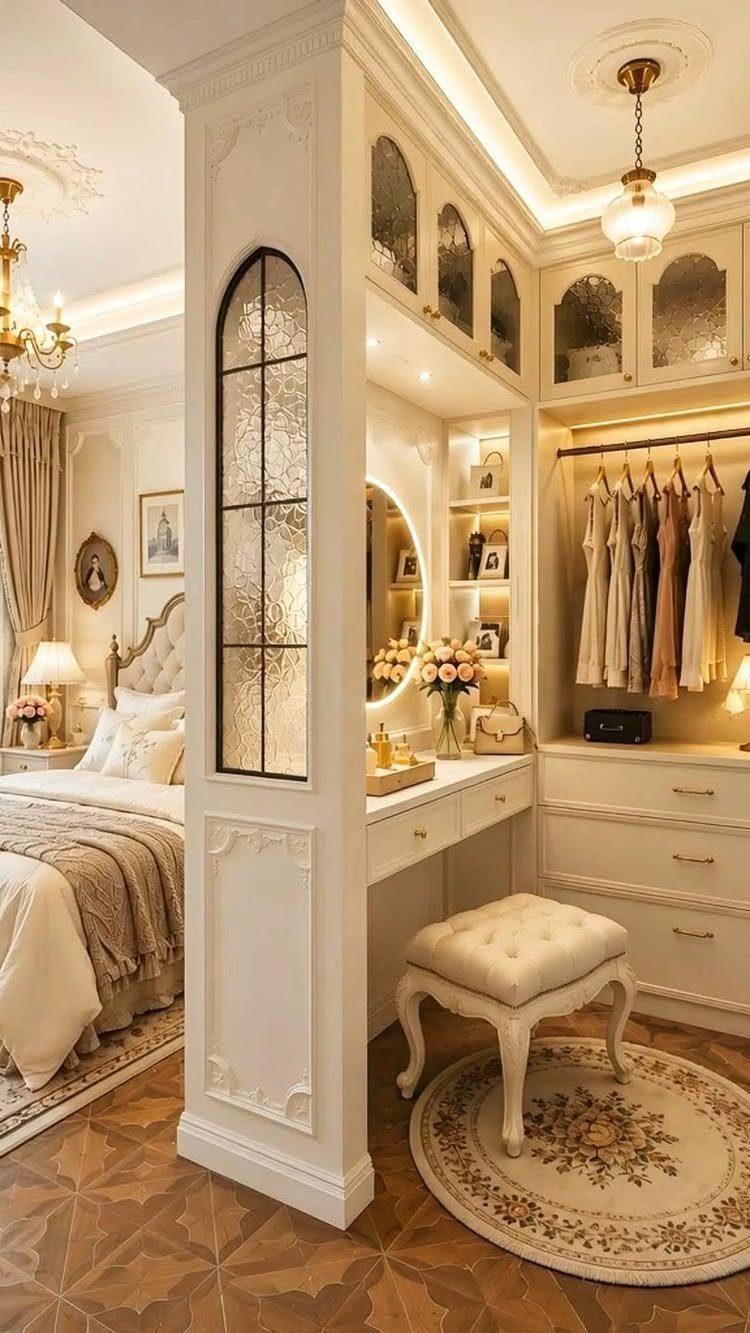 Tufted white plush ottoman in a luxurious walk-in closet with a vanity desk.