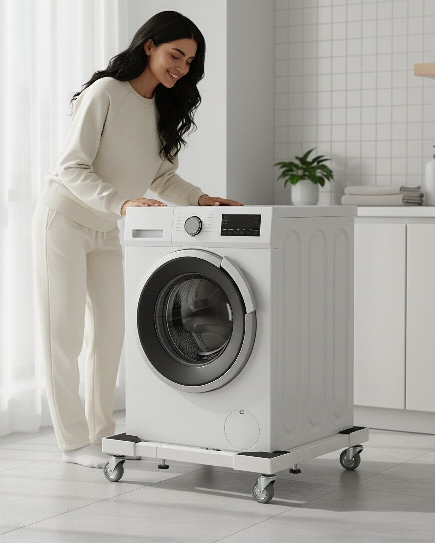 White washing machine on a wheeled metal stand in a bright laundry room