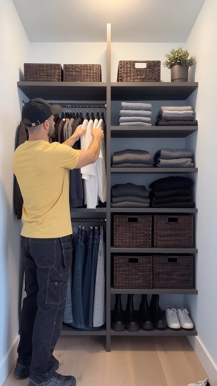Man organizing white shirts in a dark grey custom wooden closet shelving system