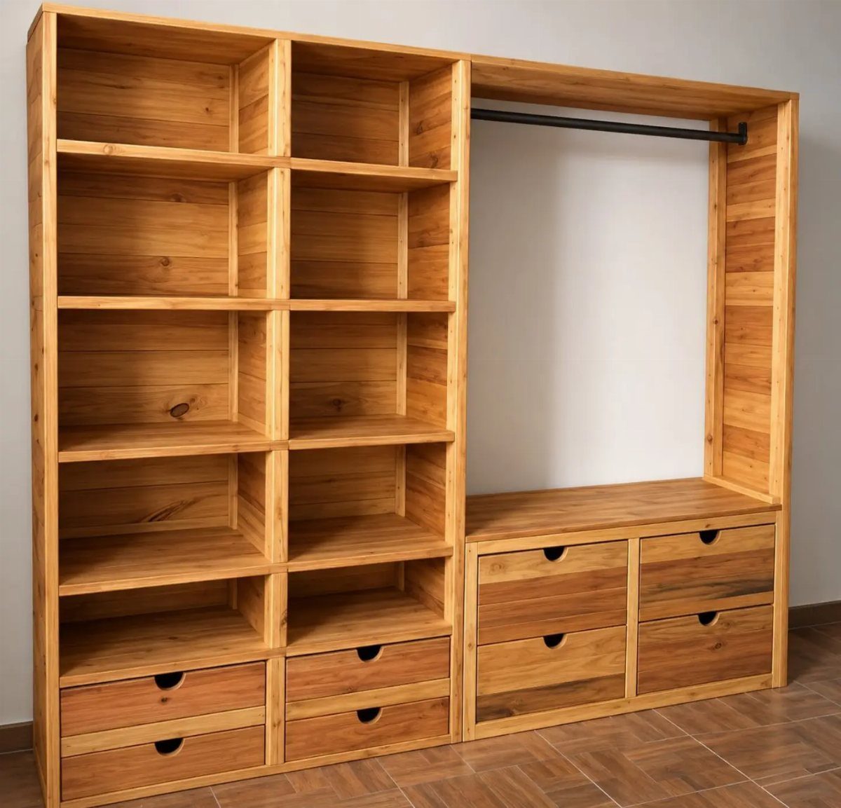Wooden closet organizer with open shelving, drawers, and a hanging rod.