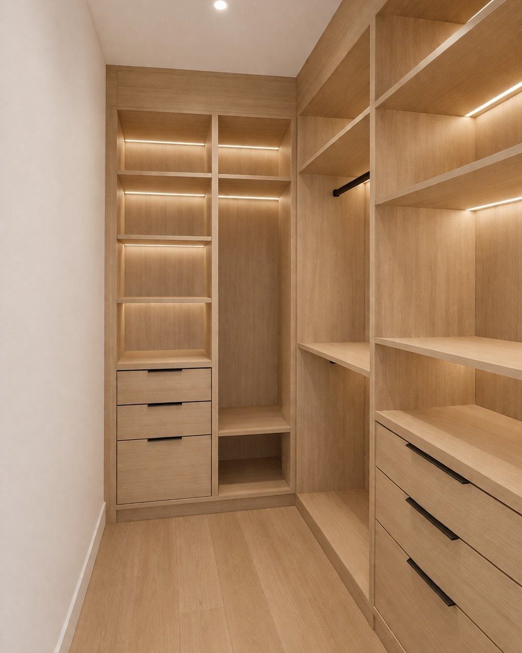 Light wood closet shelving with integrated LED lighting and built-in drawers.